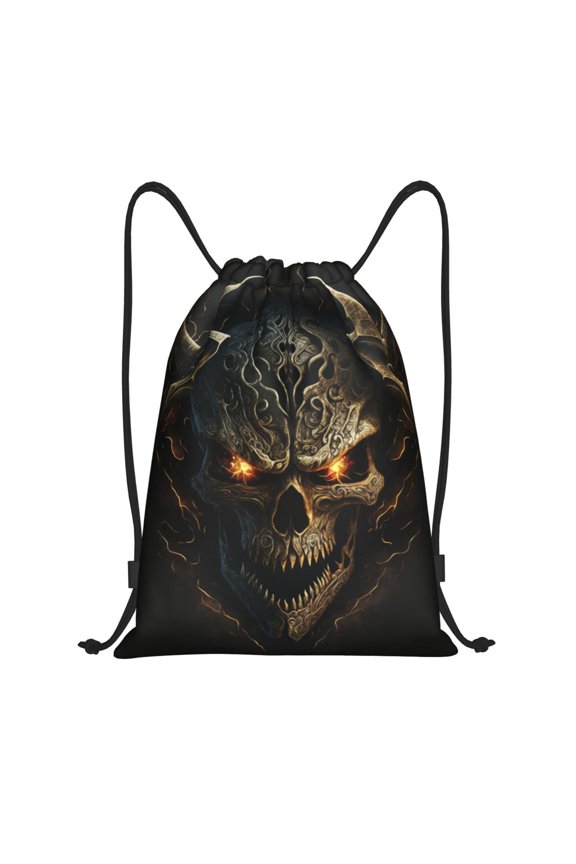 Drawstring Backpack - Metal Evil Skull Splash Proof Small Drawstring Gym Bag for Women Men, Cinch Sports String Bag Backpack for Travel Swimming Beach