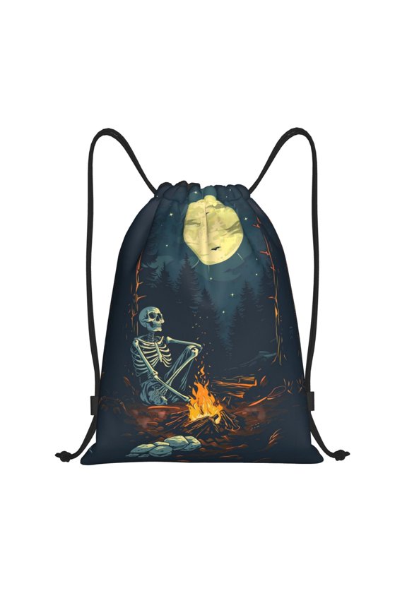 Drawstring Backpack - Moonlit Skeleton Campfire Splash Proof Small Drawstring Gym Bag for Women Men, Cinch Sports String Bag Backpack for Travel Swimming Beach