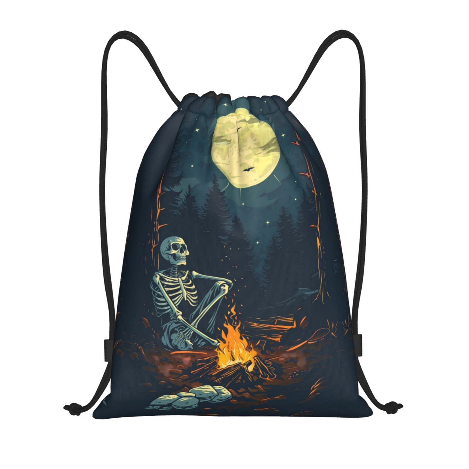 Drawstring Backpack - Moonlit Skeleton Campfire Splash Proof Small ...