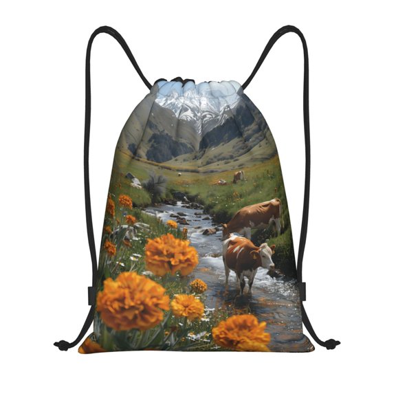 Drawstring Backpack - Mountain Cows Flower Stream Splash Proof Small Drawstring Gym Bag for Women Men, Cinch Sports String Bag Backpack for Travel Swimming Beach