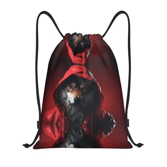 Drawstring Backpack - Mysterious Hooded Wolf Splash Proof Small Drawstring Gym Bag for Women Men, Cinch Sports String Bag Backpack for Travel Swimming Beach