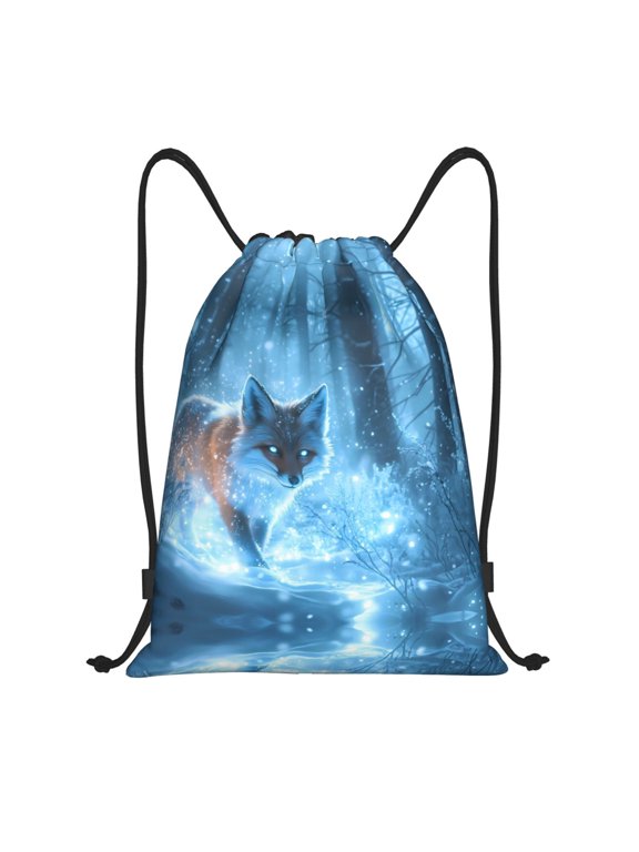 Drawstring Backpack - Mystical Winter Fox Glow Splash Proof Small Drawstring Gym Bag for Women Men, Cinch Sports String Bag Backpack for Travel Swimming Beach
