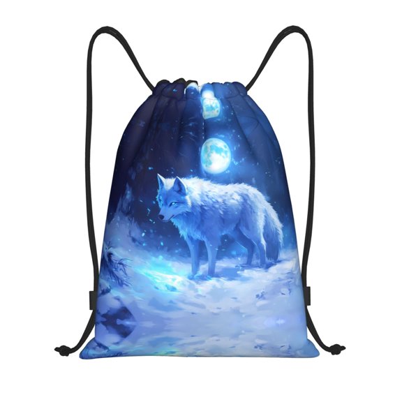 Drawstring Backpack - Mystical Winter Wolf Splash Proof Small Drawstring Gym Bag for Women Men, Cinch Sports String Bag Backpack for Travel Swimming Beach