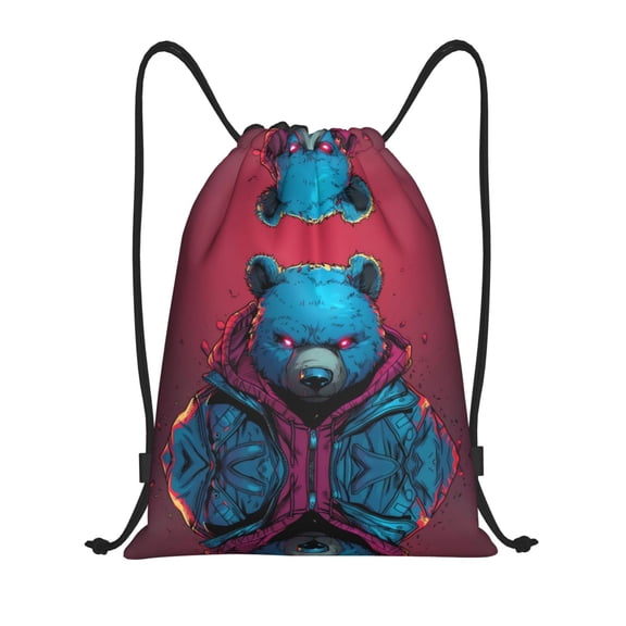 Drawstring Backpack - Neon Cyberpunk Blue Bear Splash Proof Small Drawstring Gym Bag for Women Men, Cinch Sports String Bag Backpack for Travel Swimming Beach