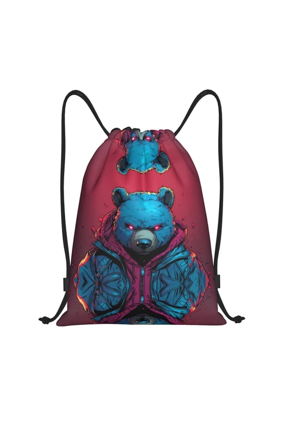 Drawstring Backpack - Neon Cyberpunk Blue Bear Splash Proof Small Drawstring Gym Bag for Women Men, Cinch Sports String Bag Backpack for Travel Swimming Beach