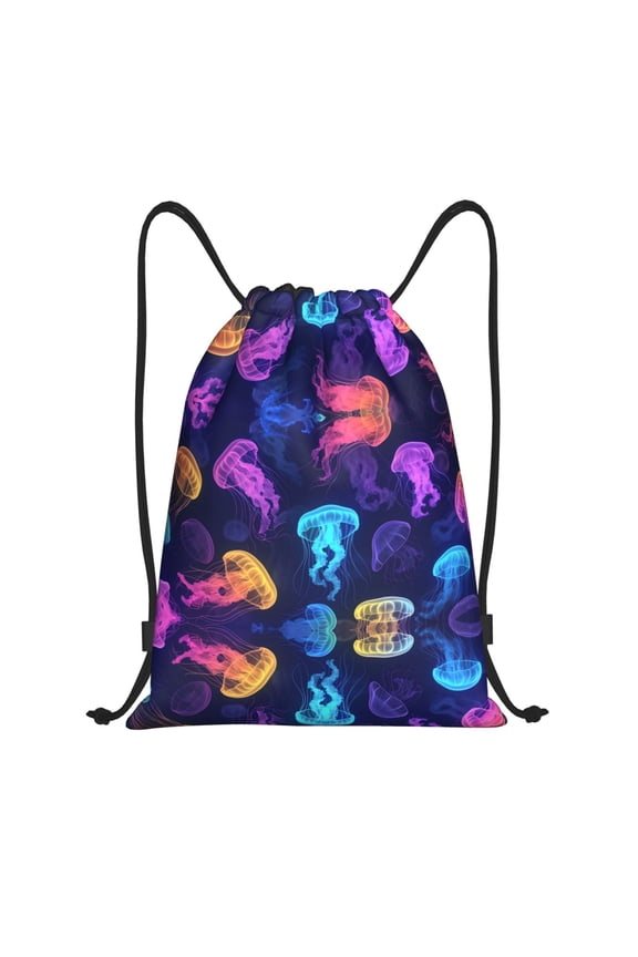 Drawstring Backpack - Neon Jellyfish Pattern Splash Proof Small Drawstring Gym Bag for Women Men, Cinch Sports String Bag Backpack for Travel Swimming Beach