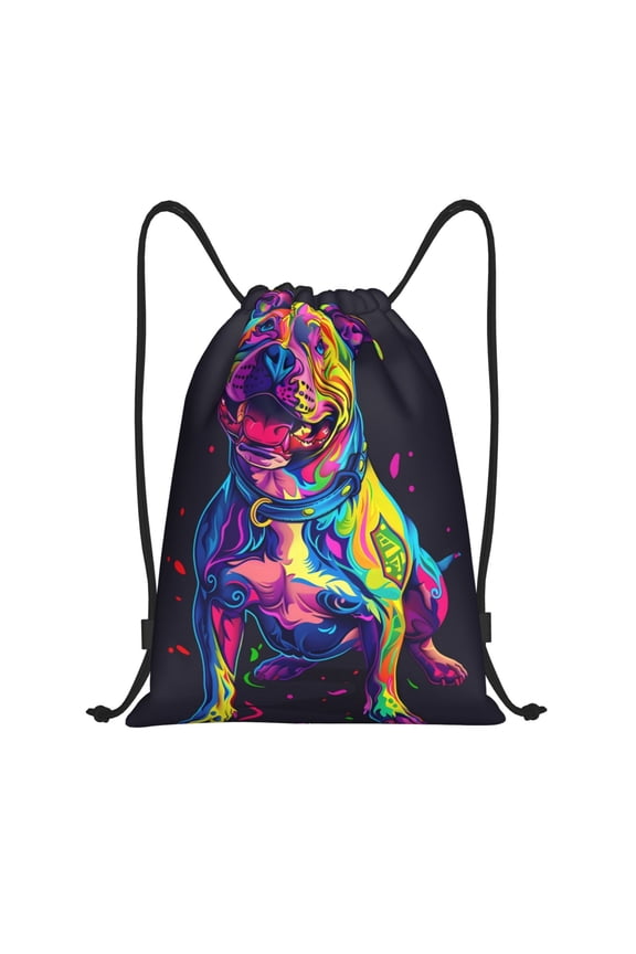 Drawstring Backpack - Neon Pop Art Pitbull Splash Proof Small Drawstring Gym Bag for Women Men, Cinch Sports String Bag Backpack for Travel Swimming Beach