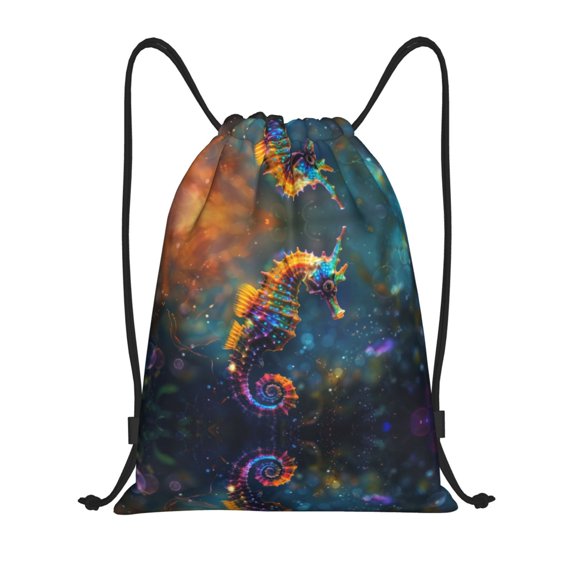 Drawstring Backpack - Neon Seahorse Underwater Realm Splash Proof Small Drawstring Gym Bag for Women Men, Cinch Sports String Bag Backpack for Travel Swimming Beach