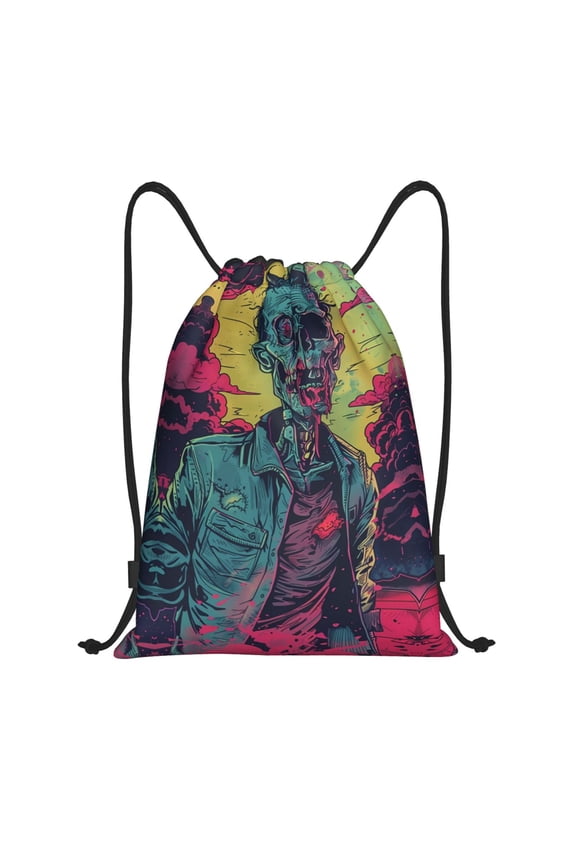 Drawstring Backpack - Neon Zombie Skull Splash Proof Small Drawstring Gym Bag for Women Men, Cinch Sports String Bag Backpack for Travel Swimming Beach