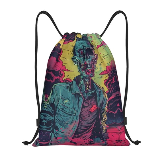 Drawstring Backpack - Neon Zombie Skull Splash Proof Small Drawstring Gym Bag for Women Men, Cinch Sports String Bag Backpack for Travel Swimming Beach