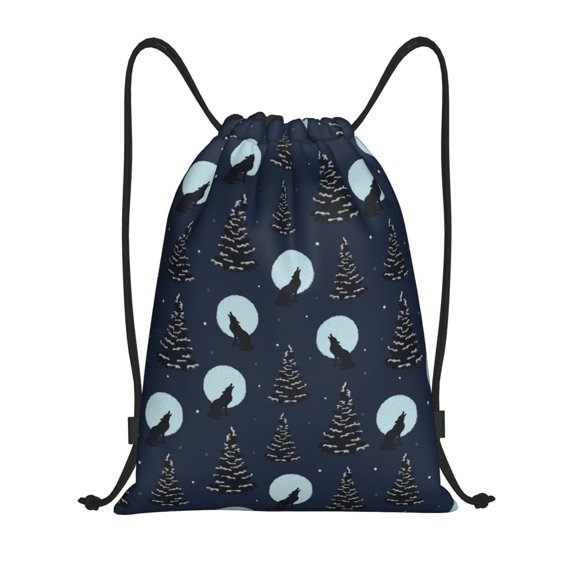 Drawstring Backpack - Night Forest Wolf Splash Proof Small Drawstring Gym Bag for Women Men, Cinch Sports String Bag Backpack for Travel Swimming Beach