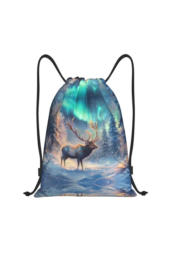 Drawstring Backpack - Northern Lights Winter Elk Splash Proof Small Drawstring Gym Bag for Women Men, Cinch Sports String Bag Backpack for Travel Swimming Beach