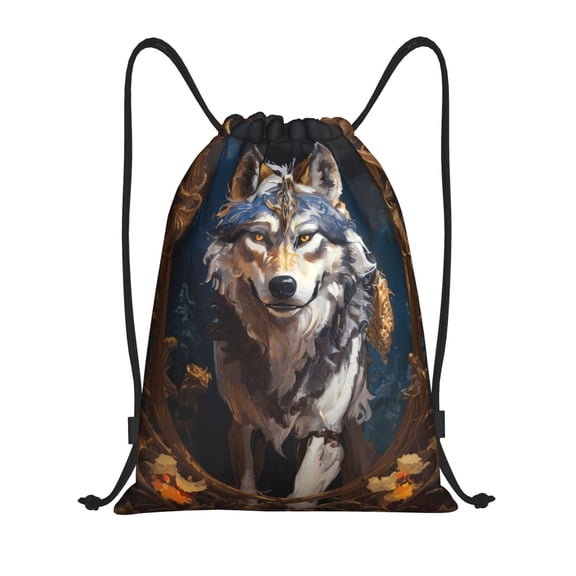 Drawstring Backpack - Oil Painting Tribal Wolf Splash Proof Small Drawstring Gym Bag for Women Men, Cinch Sports String Bag Backpack for Travel Swimming Beach