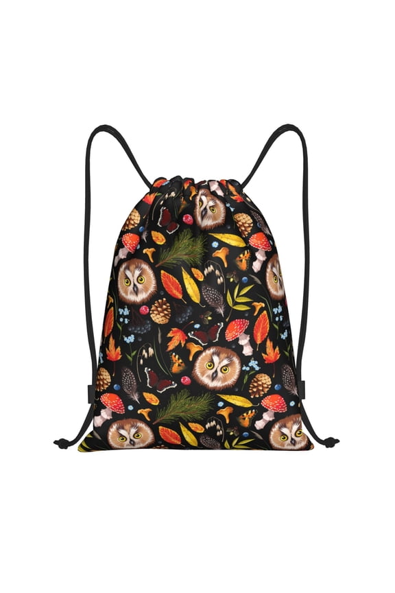 Drawstring Backpack - Owl And Leaves Splash Proof Small Drawstring Gym Bag for Women Men, Cinch Sports String Bag Backpack for Travel Swimming Beach