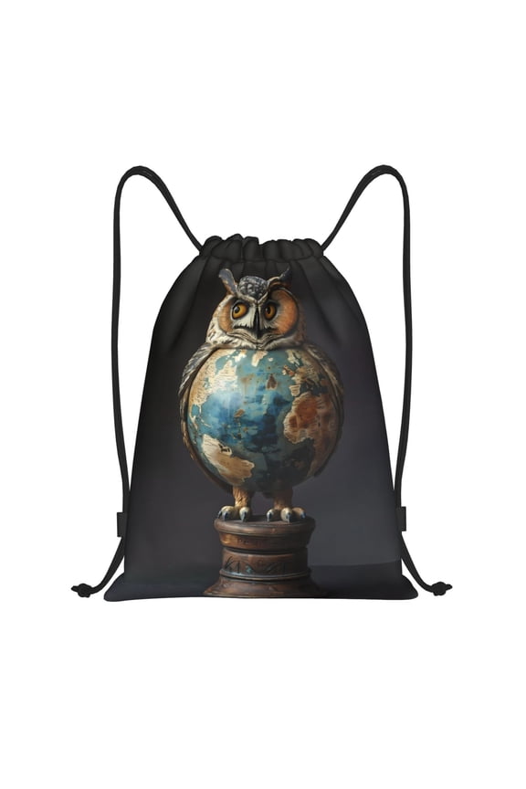 Drawstring Backpack - Owl Globe Sculpture Splash Proof Small Drawstring Gym Bag for Women Men, Cinch Sports String Bag Backpack for Travel Swimming Beach