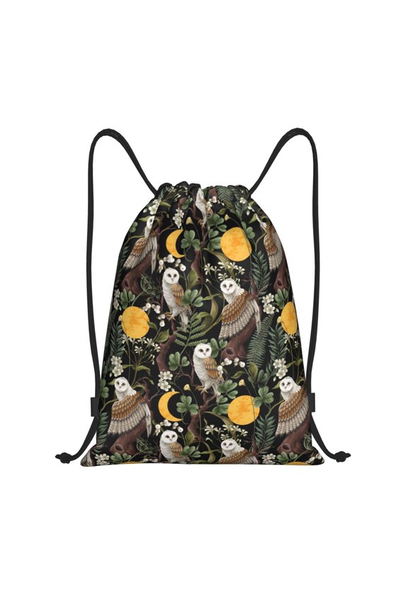Drawstring Backpack - Owl Moon Flowers Splash Proof Small Drawstring Gym Bag for Women Men, Cinch Sports String Bag Backpack for Travel Swimming Beach