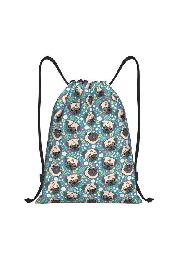 Drawstring Backpack - PUG HEAD And Flower Splash Proof Small Drawstring Gym Bag for Women Men, Cinch Sports String Bag Backpack for Travel Swimming Beach