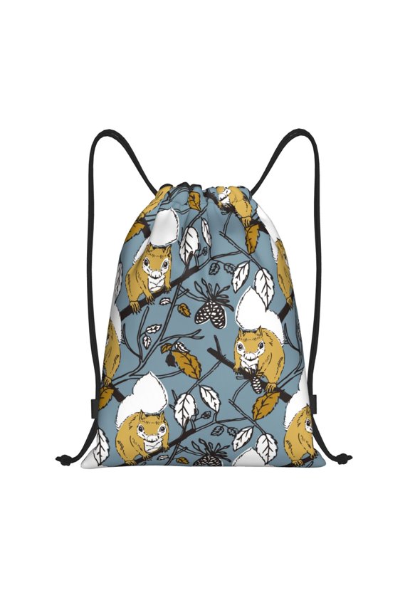 Drawstring Backpack - Painted cute squirrel pine cone Splash Proof Small Drawstring Gym Bag for Women Men, Cinch Sports String Bag Backpack for Travel Swimming Beach