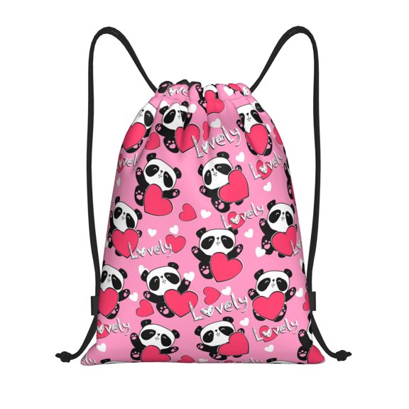 Drawstring Backpack - Panda Heart Valentine Pink Splash Proof Small Drawstring Gym Bag for Women Men, Cinch Sports String Bag Backpack for Travel Swimming Beach