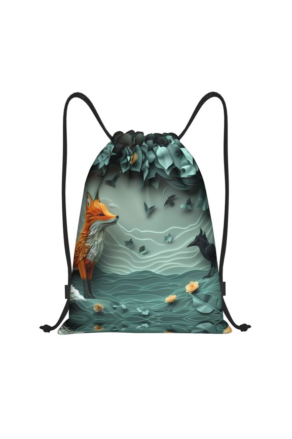 Drawstring Backpack - Paper Fox Crow Fantasy Splash Proof Small Drawstring Gym Bag for Women Men, Cinch Sports String Bag Backpack for Travel Swimming Beach