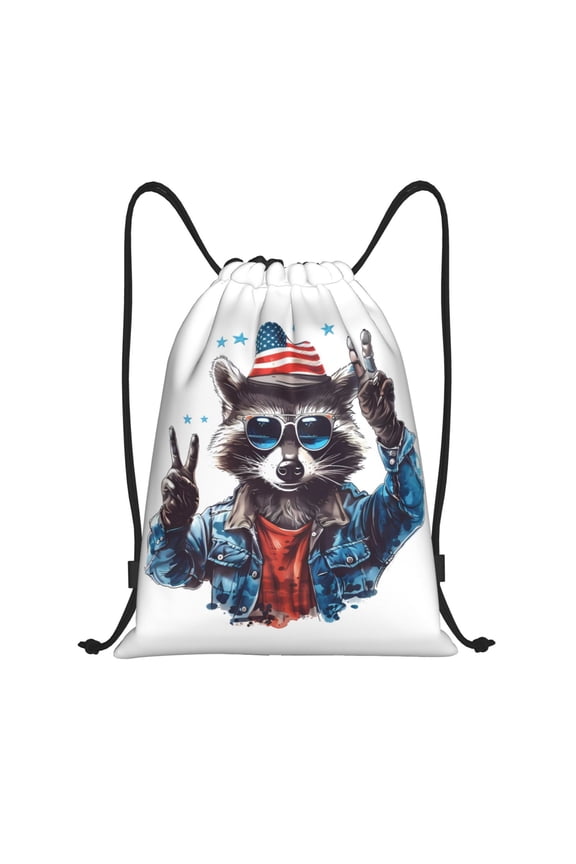 Drawstring Backpack - Patriotic Raccoon Illustration Splash Proof Small Drawstring Gym Bag for Women Men, Cinch Sports String Bag Backpack for Travel Swimming Beach