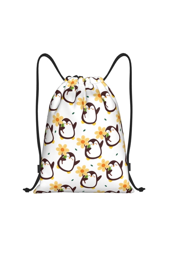 Drawstring Backpack - Penguin With Flowers Splash Proof Small Drawstring Gym Bag for Women Men, Cinch Sports String Bag Backpack for Travel Swimming Beach
