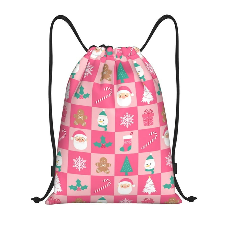 Drawstring Backpack, Pink Christmas Cheer Light Waterproof Sports