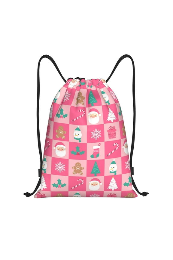 Drawstring Backpack - Pink Christmas Cheer Splash Proof Small Drawstring Gym Bag for Women Men, Cinch Sports String Bag Backpack for Travel Swimming Beach