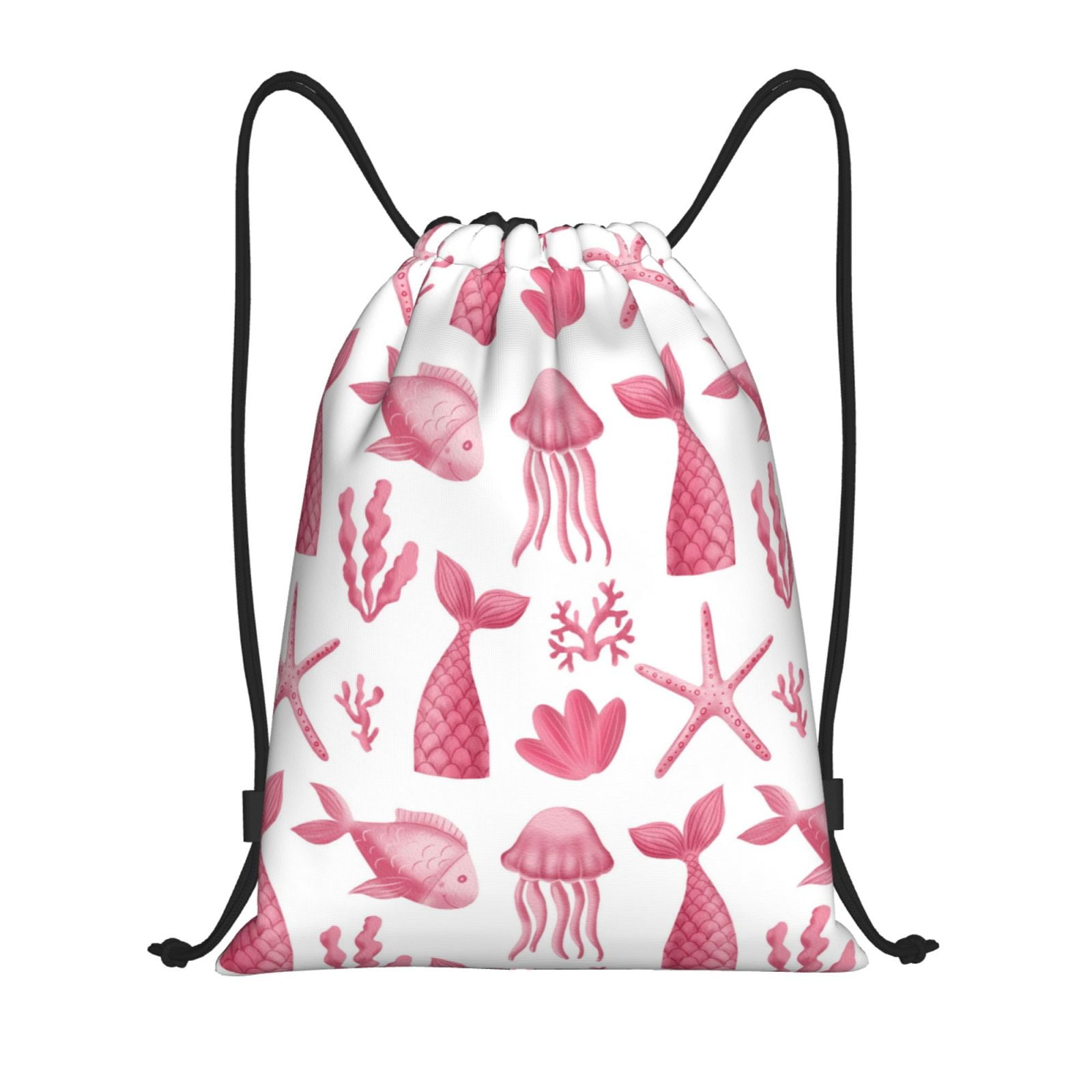 Drawstring Backpack Pink Fish Jellyfish Splash Proof Small Drawstring