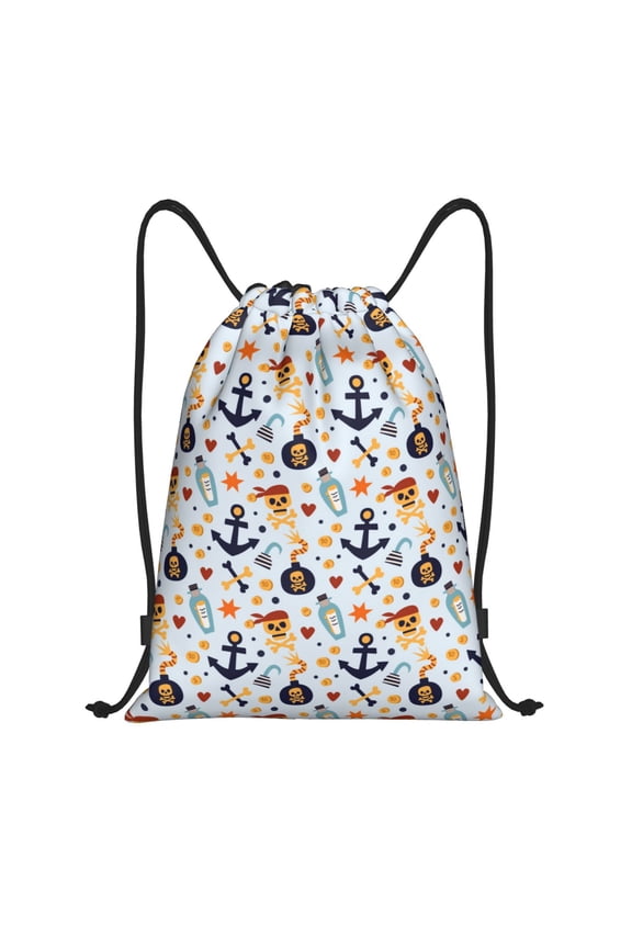 Drawstring Backpack - Pirate Skull And Anchor Splash Proof Small Drawstring Gym Bag for Women Men, Cinch Sports String Bag Backpack for Travel Swimming Beach