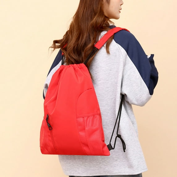 Drawstring Backpack, Polyester 17.72x15.35in, Black/Red/Gray, Large Capacity, Multi-Functional, for Fitness Outdoor Sports