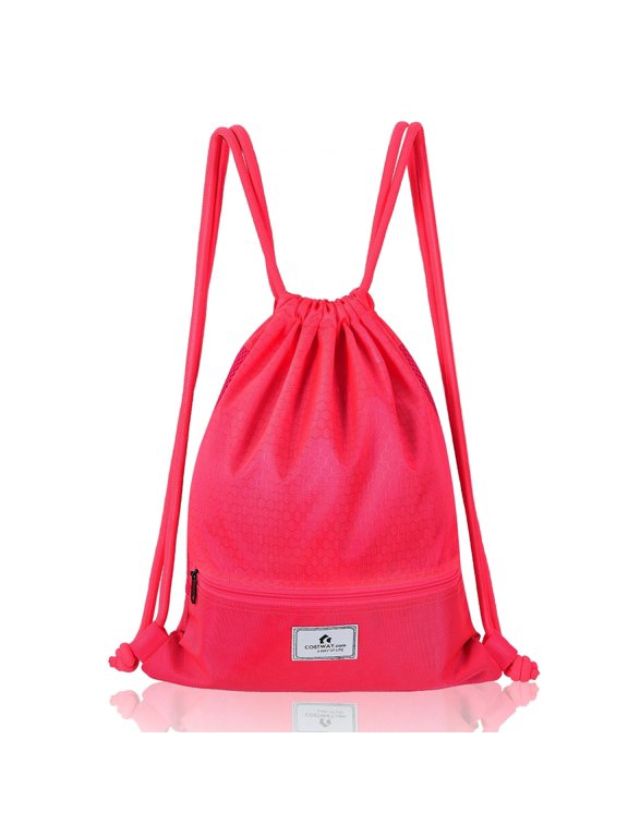 Drawstring Backpack, Polyester Cinch Sack With Zippered Front Pocket, Breathable Mesh Back, Foldable Large Capacity Gym Yoga Travel Bag, Pink