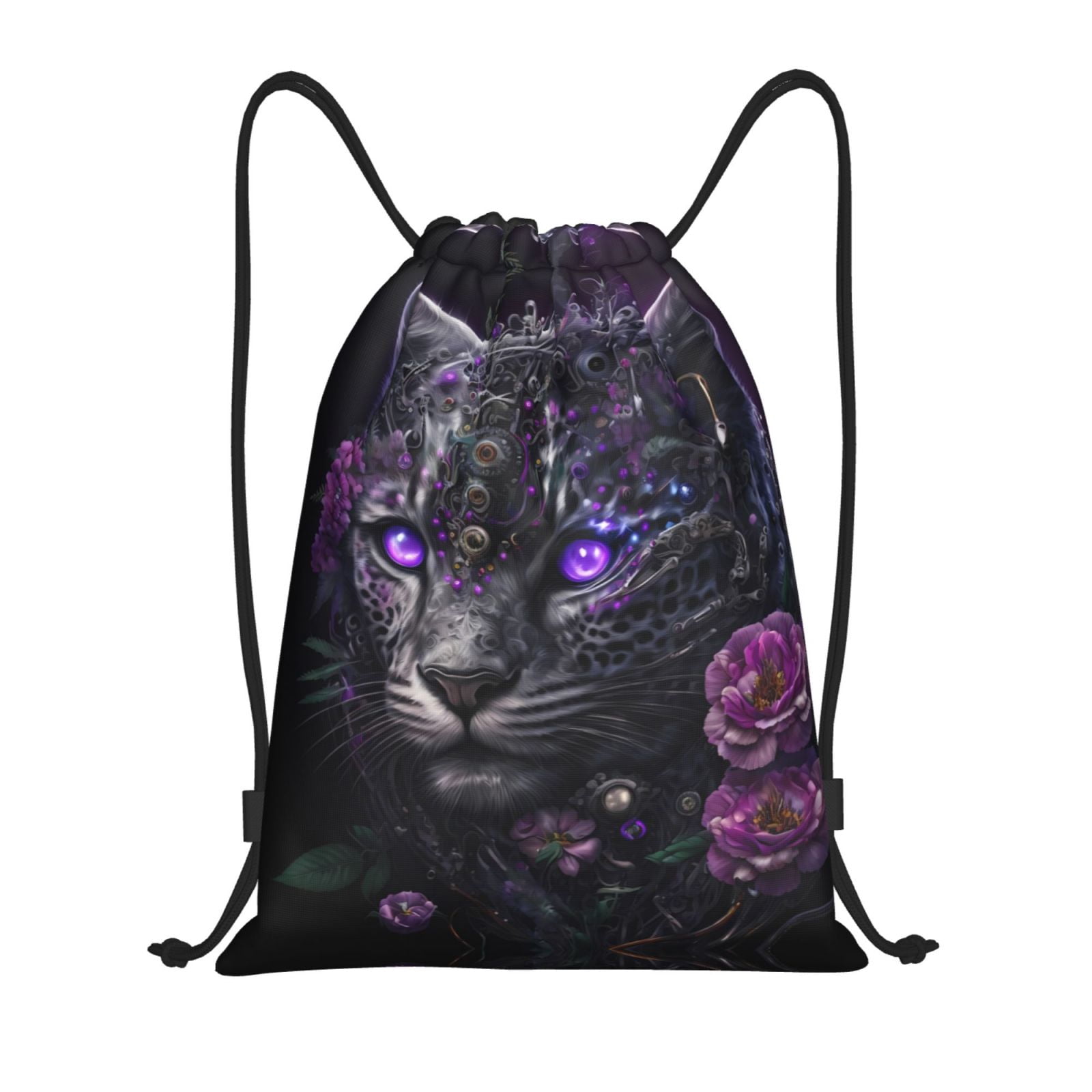 Purple String Backpack Drawstring Backpack - Purple-Eyed Floral Leopard Splash Proof Small ...