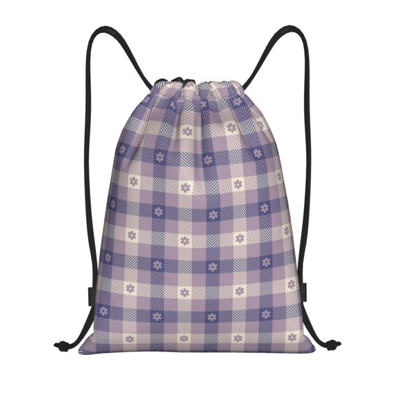 Drawstring Backpack - Purple Gingham Check Plaid Splash Proof Small Drawstring Gym Bag for Women Men, Cinch Sports String Bag Backpack for Travel Swimming Beach