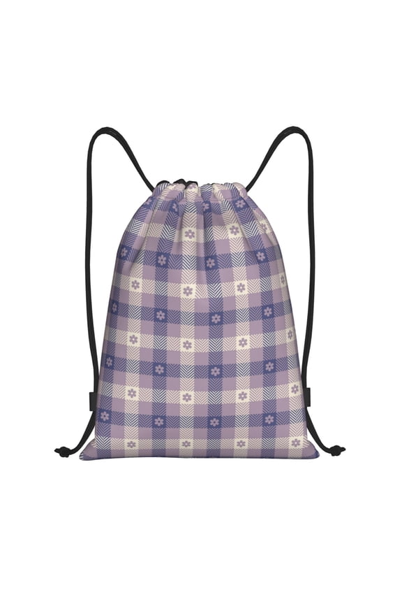 Drawstring Backpack - Purple Gingham Check Plaid Splash Proof Small Drawstring Gym Bag for Women Men, Cinch Sports String Bag Backpack for Travel Swimming Beach