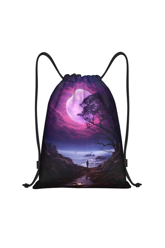 Drawstring Backpack - Purple Moon Tree Night Sky Splash Proof Small Drawstring Gym Bag for Women Men, Cinch Sports String Bag Backpack for Travel Swimming Beach
