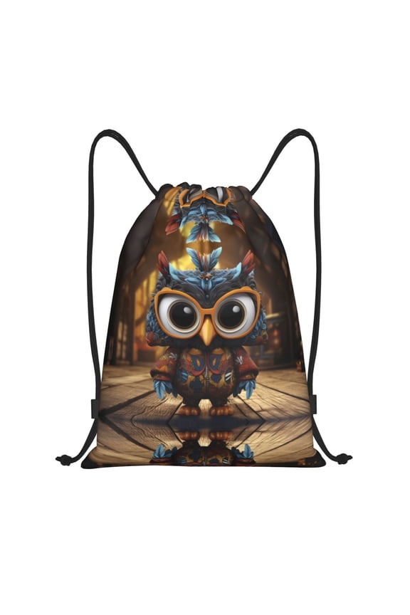 Drawstring Backpack - Quirky Owl With Glasses Splash Proof Small Drawstring Gym Bag for Women Men, Cinch Sports String Bag Backpack for Travel Swimming Beach