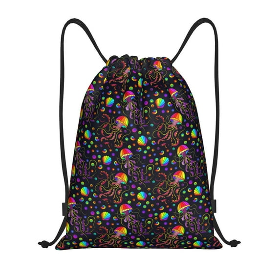Drawstring Backpack - Rainbow Jellyfishes Splash Proof Small Drawstring Gym Bag for Women Men, Cinch Sports String Bag Backpack for Travel Swimming Beach