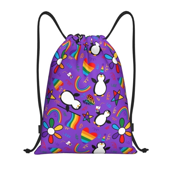 Drawstring Backpack - Rainbow Lgbt Penguin Splash Proof Small Drawstring Gym Bag for Women Men, Cinch Sports String Bag Backpack for Travel Swimming Beach