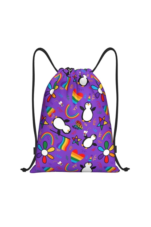 Drawstring Backpack - Rainbow Lgbt Penguin Splash Proof Small Drawstring Gym Bag for Women Men, Cinch Sports String Bag Backpack for Travel Swimming Beach