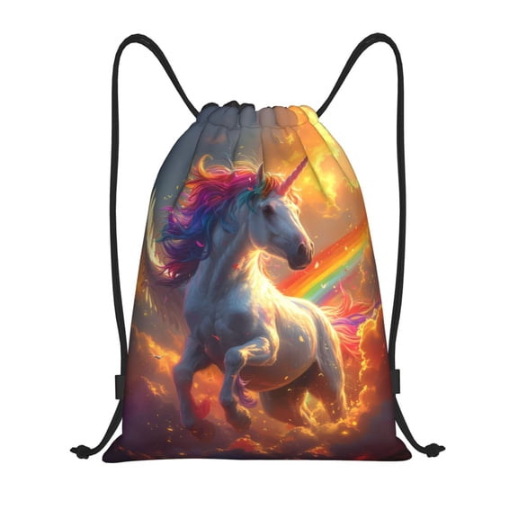 Drawstring Backpack - Rainbow Sunset Cloud White Horse Splash Proof Small Drawstring Gym Bag for Women Men, Cinch Sports String Bag Backpack for Travel Swimming Beach