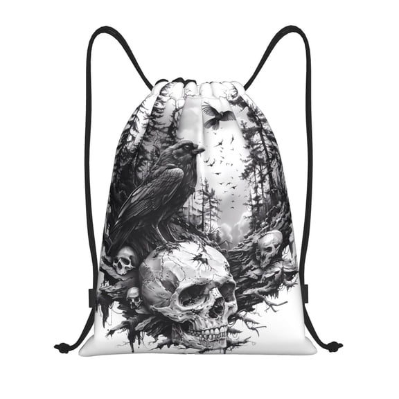 Drawstring Backpack - Raven Skulls Forest Splash Proof Small Drawstring Gym Bag for Women Men, Cinch Sports String Bag Backpack for Travel Swimming Beach