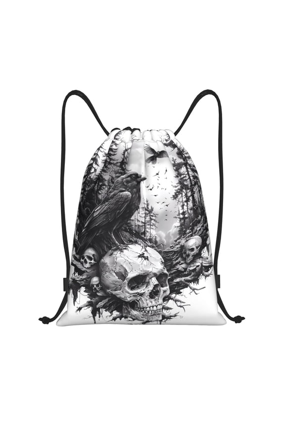 Drawstring Backpack - Raven Skulls Forest Splash Proof Small Drawstring Gym Bag for Women Men, Cinch Sports String Bag Backpack for Travel Swimming Beach