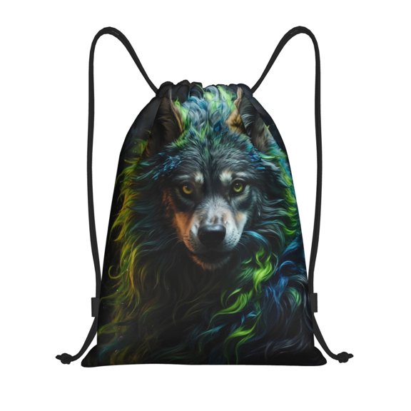 Drawstring Backpack - Realistic Style Colorful Wolf A Splash Proof Small Drawstring Gym Bag for Women Men, Cinch Sports String Bag Backpack for Travel Swimming Beach