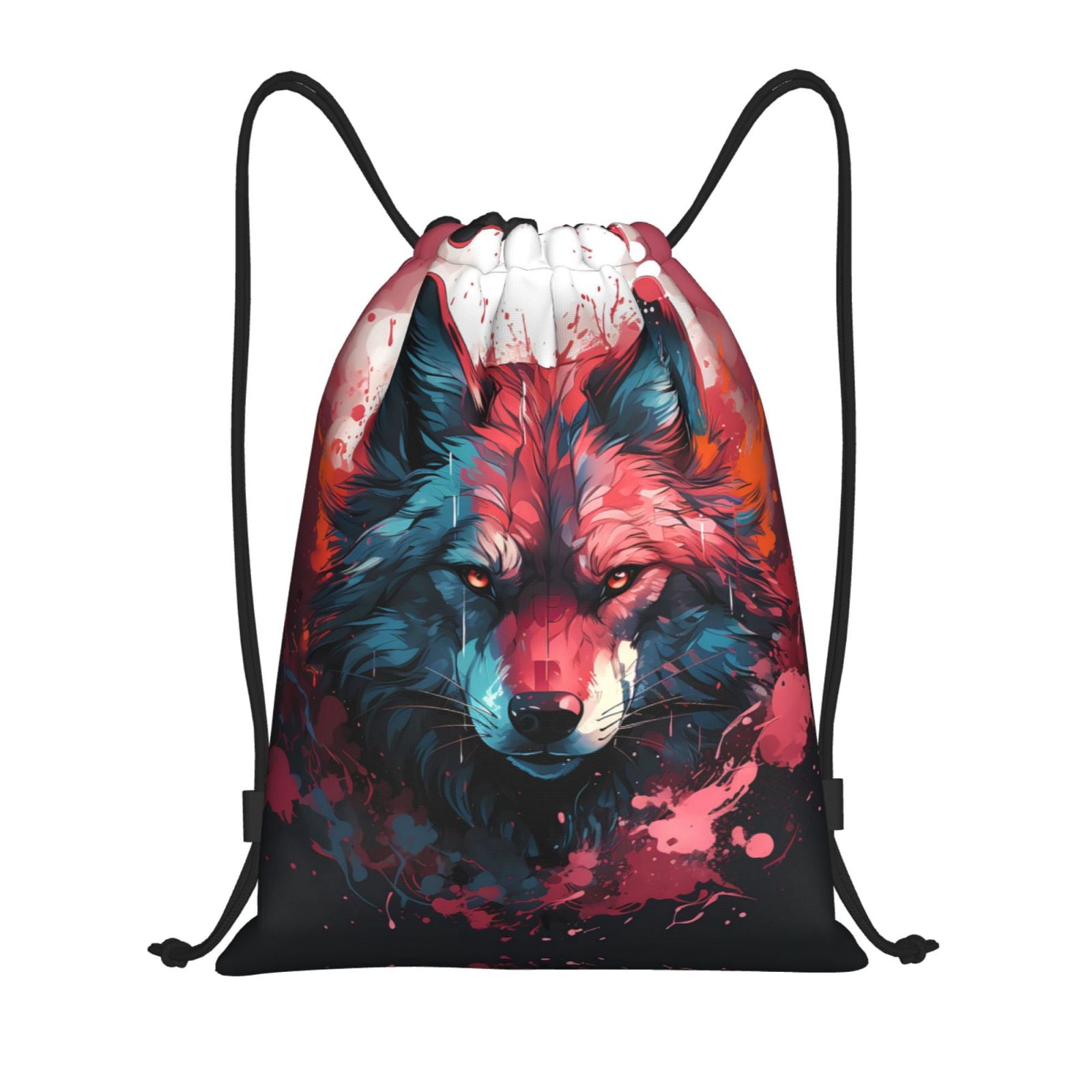 String Backpack Red Drawstring Backpack, Red Flame Wolf Head Light Waterproof Sports Gym ...