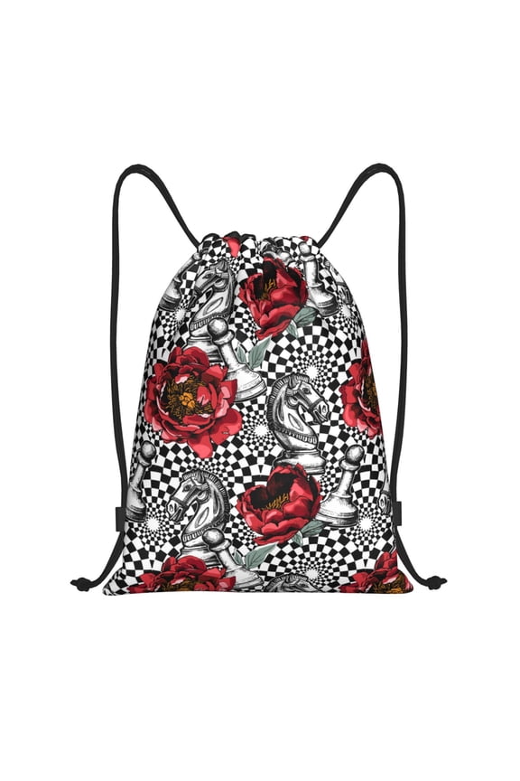Drawstring Backpack - Red Peony Knight Chess checkered Splash Proof Small Drawstring Gym Bag for Women Men, Cinch Sports String Bag Backpack for Travel Swimming Beach