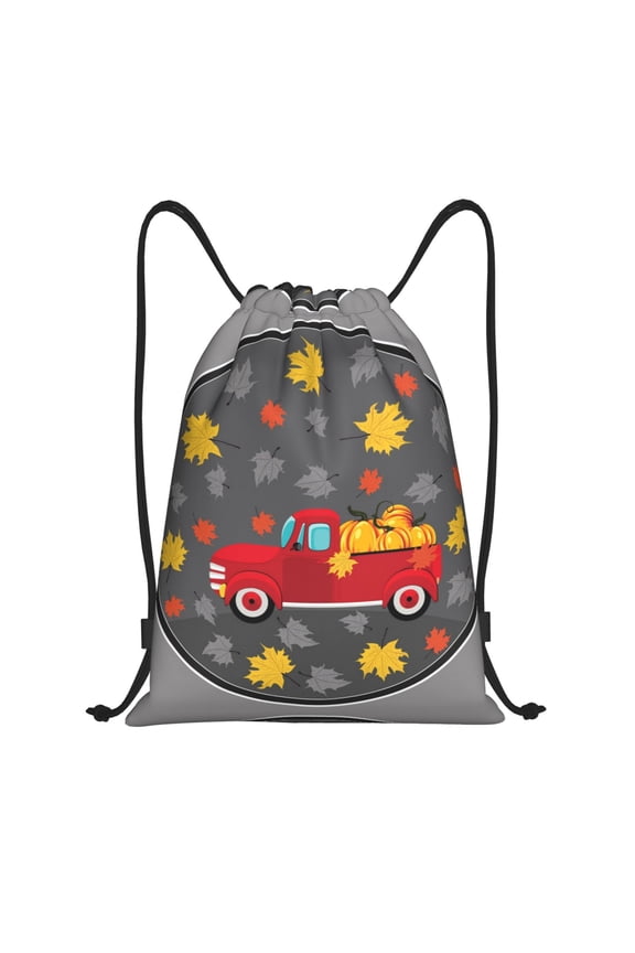 Drawstring Backpack - Red Pickup Truck With Pumpkins Splash Proof Small Drawstring Gym Bag for Women Men, Cinch Sports String Bag Backpack for Travel Swimming Beach