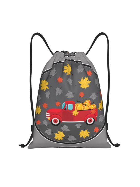 Drawstring Backpack - Red Pickup Truck With Pumpkins Splash Proof Small Drawstring Gym Bag for Women Men, Cinch Sports String Bag Backpack for Travel Swimming Beach