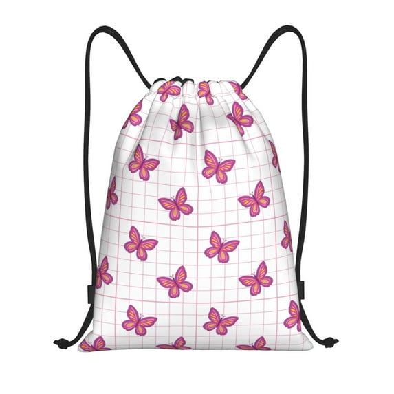 Drawstring Backpack - Retro Pink butterfly Grid Y2K 90s Splash Proof Small Drawstring Gym Bag for Women Men, Cinch Sports String Bag Backpack for Travel Swimming Beach