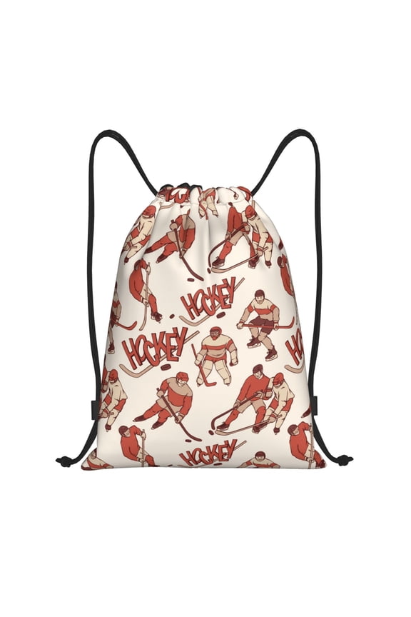 Drawstring Backpack - Retro hockey player stick cool Splash Proof Small Drawstring Gym Bag for Women Men, Cinch Sports String Bag Backpack for Travel Swimming Beach